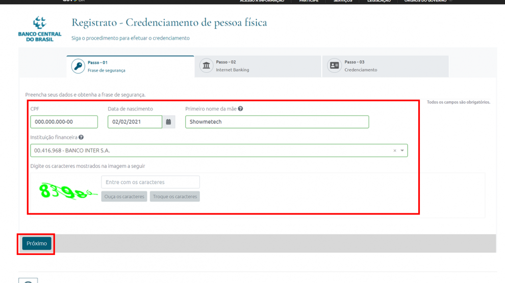 Como verificar seu cpf e chaves pix cadastradas no banco central Primeiro nome da mãe: showmetech no print para se cadastrar no registrato