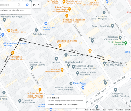 21 dicas e truques para google maps Captura de tela de mapa da cidade de são paulo no google maps. Uma linha preta parecendo uma régua graduada com pontos indicando distâncias em metros. Na extremidade dela, há dois pontos brancos com contorno em preto. A partir dela, outra linha preta parecendo uma régua graduada com pontos indicando distâncias em metros. Na extremidade dela, também há dois pontos brancos com contorno em preto.