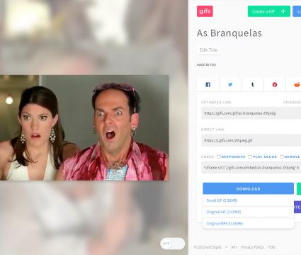 Como transformar vídeo do youtube em gif facilmente Captura de tela do site gifs. Com. À esquerda, o gif pronto. À direita, links com opções de compartilhamento.