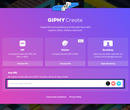 Como transformar vídeo do youtube em gif facilmente Página do gif maker dentro do site giphy! Retângulo azul marinho contorna retângulo branco em que se cola o link de youtube para gif