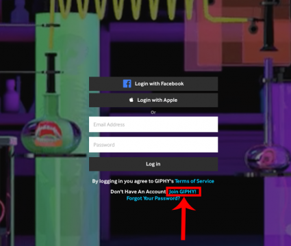 Como transformar vídeo do youtube em gif facilmente Captura de tela do site giphy! Uma seta vermelha aponta para o link join giphy!