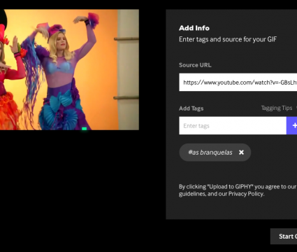 Como transformar vídeo do youtube em gif facilmente Captura de tela do site giphy! À esquerda, o vídeo com cena do filme as branquelas. À direita, a seção para adicionar tags