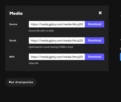 Como transformar vídeo do youtube em gif facilmente Captura de tela do site giphy! Ao centro links do gif em três versões: source, social e mp4.