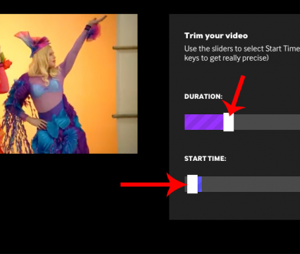 Como transformar vídeo do youtube em gif facilmente Captura de tela do site giphy! Seta vermelha apontada para o slide duration. Outra seta vermelha apontada para slide start time. Uma terceira seta vermelha apontada para time code em segundos. Um retângulo vermelho contorna o botão continue to decorate