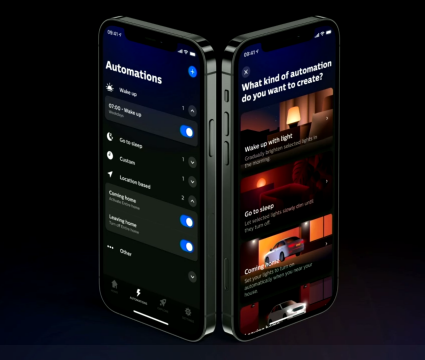 Novo aplicativo philips hue traz maior facilidade e controle do usuário O novo aplicativo philips hue com duas telas a mostra.