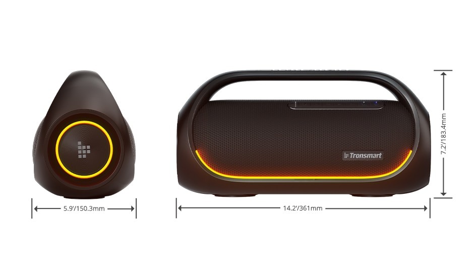 Caixa de som tronsmart bang oferece até 15 horas de bateria A caixa de som tronsmart bang desligada tem um aspecto sóbrio por ser completamente preta, porém, quando a luz de led é ligada, dá vida ao aparelho se mostrando um verdadeiro aliado das festas. Reprodução: tronsmart