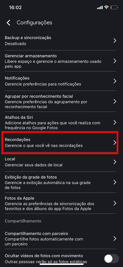 Como ocultar as recordações do google fotos? Tela do google fotos para administrar e configurar as recordações do google fotos